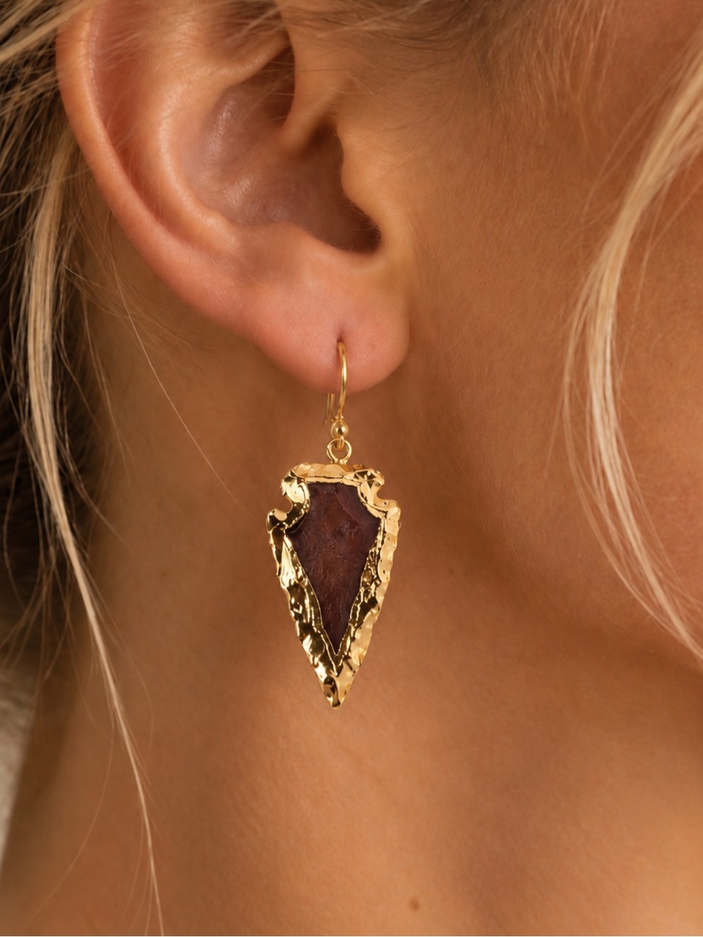 18k Gold Plated Agate Arrowhead Dangle Hook Statement Earrings